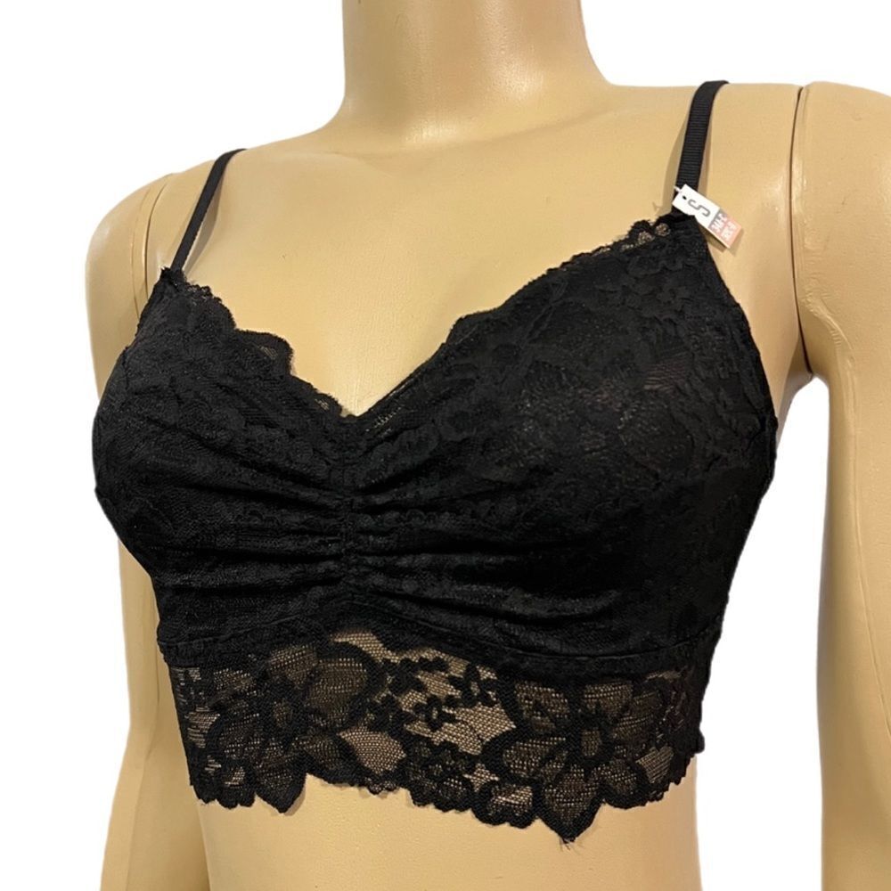 Victoria’s Secret Pink lace Unlined Ruched Front bralette long bra black Small